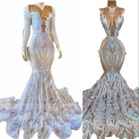2022 Sexy Dusty Blue Off Schulter Mermaid Prom Kleider Plus Größe Arabisch Kristall Pailletten Perlen Abendkleider Lange Ärmel Formale Party Muslim Kleid