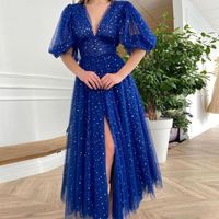 Party Dresses Yipeisha Royal Blue Prom Dress Evening Gown Deep V Neck Short Puff Sleeves Glitter Star Side Slit Graduation GownParty