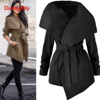 Women's Wool & Blends Elegant Solid And Coats Women High Fashion Waist Bow Wrap Belt Coat Feminino Mid Length Autumn Winter S2614