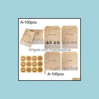 Gift Wrap Event Party Supplies Festive Home Garden 100Pcs Set Usef Vintage Christmas Kraft Paper Bag With Sticker Lightweight Cookie Pouch