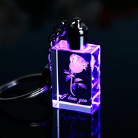 New Style Personalized Laser Engraved 3D Rose Flower Crystal LED Light Keychain Cube Shape Key Ring For Gift243D