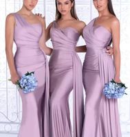 Blush roze Afrikaanse een schouder zeemeermin bruidsmeisje jurken vloer lengte bruiloft gasten jurken junior bruidsmeisje jurk lint feestjurk bc12587