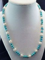 Natural 7-8mm White Freshwater Pearl & 8mm Blue Turquoise Gems Necklace 16-25&#039;&#039; AAA