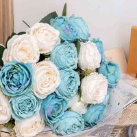 Nordic Blue Peony Artificial Silk Flowers Rose White Bouquet Table Room Home Decor DIY Wedding Flower Arrange Supply Photo Props G220422