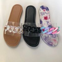 Hausschuhe klare transparente flache Frauen Schuhe Frau Metallkette rutscht Regenbogen farbenfrohe Sommer Beach Flip Flops Plus Size