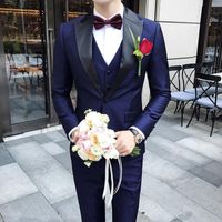 남자 양복 블레이저 최신 코트 팬츠 디자인 네이비 블루 형식 웨딩 맨 드레스 3 조각 슬림 핏 신랑