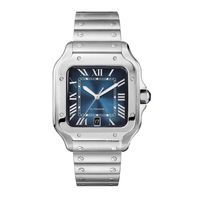 남성 시계 방수 블루 다이얼 사파이어 유리 스테인리스 스틸 자동 기계 운동 남성 손목 시계