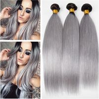 #1B Grey Dark Root Ombre Peruvian Human Hair Weave Bundles Straight Black and Silver Grey Ombre Human Hair Weft Extensions 3Pcs Lo244G