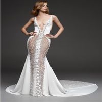 Sexy See Through Mermaid Wedding Dresses 2022 Deep V-neck 3D Floral Lace Sweep Train Beach Boho Bridal Reception Gown265n