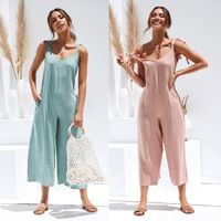 Summer Women Sleeveless Rompers Loose Jumpsuit O Neck Casual Backless Overalls Trousers Wide Leg Pants 4 Color S-xl
