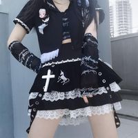 التنانير RuiBbit اليابانية harajuku فتاة لطيف أسود أبيض عالية الخصر y2k حلوة لوليتا كعكة mini تنورة cosplay زي jk