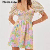 Ruched Square Collar Puff Sleeve Floral Print Dress French Slim Waist A line Elegant Women Holiday Dresses Vestido 220516