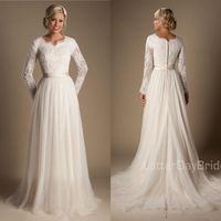 A-line Beaded Lace Tulle Modest Wedding Dresses With Long Sleeves Scalloped Neck Buttons Up Back Full Sleeves Long country Bridal 270r