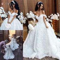 2022 Vestidos de novia de encaje de marfil blanco romántico Elegante Off Hombro Árabe Una línea Apliques Frunched Tren Largo Vestidos nupciales BA9188 B0315