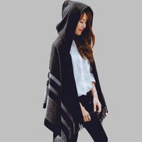 High quality women winter scarf fashion striped black beige ponchos and capes hooded thick warm shawls and scarves femme outwear L194Y
