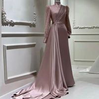 Elegant Muslim rose Pink Beads Sequins Prom Dress for Women 2022 High Neck Long Sleeves A-line Tarin Formal evening Party Gowns