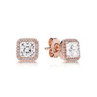 Rose gold plated CZ Diamond EARRING for Pandora Clear Square Sparkle Halo Stud Earrings 925 Sterling Silver earrings sets with Ori214U