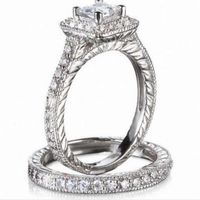 Anelli a grappolo Vintage 10k White Gold Square Diamond Finger Set 2 In-1 Luxury Engagement Weddge