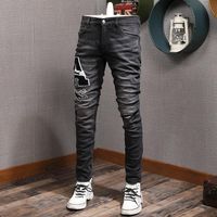 Мужчины ретро джинсы уличный стиль мода черная серая эластичная слаба