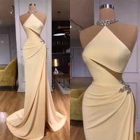2022 Simple Elegant Sleeveless Long Prom Dresses High Neck Hollow Out Sexy Backless Evening Gowns