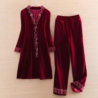 Ethnic Clothing High-end Women Floral Set Vintage Embroidery Coat Top + Wide Leg Pants Elegant Lady Casual Velvet Suit S-XXL