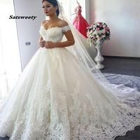 Off Shoulder Princess Wedding Dresses Ball Gown 2021 Lace Applique Beads with Sleeves Bridal Gown Bride Dress Vestido de Noiva2176