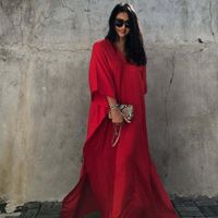 Günlük Elbiseler Geri Basit Maxi Elbise Akan Yaz Uzun Kaftan Katı Renk Kırmızı Batwing Kaftan Tunik Minimalizm Rayon Longewear Plus Fre
