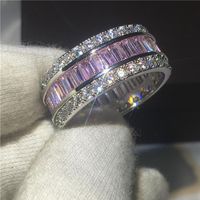 Handmade Lovers ring Full princess cut 5A Pink zircon stone White gold filled Engagement wedding band rings for women men Bijoux263F