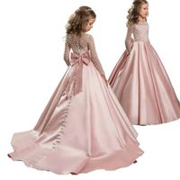 Neue Blumenmädchen Kleider Kinder Spitzen Langarmes Färbung Party Hochzeitskleid mit großen Bogen formelle Kinder Ballkleid 261m