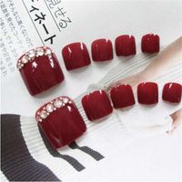 24pcs Set Pretty Summer Toes False Nails Rhinestone Pre-design Full Cover Red Foot Artificial Fake Nails with Glue Nail Beauty273F