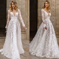 Boho Long Sleeve Backless Wedding Dress V Neck Lace Appliqued floral beach country Bridal Dresses Wedding Gowns Vestido de Noiva