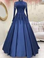 Party Dresses Elegant Long Sleeve Muslim Prom Dress 2022 Beaded Satin Saudi Arabic Islamic Evening Formal Ball Gowns With CapeParty
