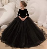 Yeni sevimli siyah prenses balo elbisesi çocuk yarışması elbise, çiçek kızları için zarif yarım kollu