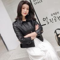 여자 가죽 가짜 lautaro 가을 짧은 검은 재킷 여자 3/4 슬리브 턴 다운 칼라 셔츠 캐주얼 한국 패션 7xlwomen 's