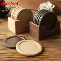 1 6 Pieces Wooden Coasters Set Black Walnut Solid Wood Round Table Mat Heat Insulation Pad Box Bottom Holder Placemat W220406