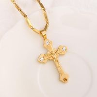 Pendant Necklaces THAI BAHT G/F Gold Cross CZ 9 K Solid Fine Yellow Charms Lines Necklace Christian Jewelry Factory God