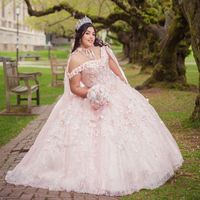 Pink Plus size Quinceanera Dresses With Cape 2022 Sequins Beads 3D Flowers Backless Princess Sweet 16 Gown Vestidos De 15 Anos