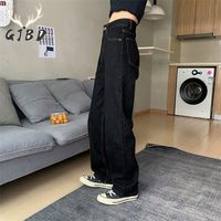 Женские джинсы винтажные женщины с высокой талией Черная корейская модная уличная одежда широкая нога Жан женская джинсовая брюка прямая мешковатая мама брюки 220901