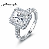 AINOUSHI 3 Ct Emeraled Rectangle Cut Halo Engagement Ring Square Shape Micro Pave Set 925 Sterling Silver Jewelry Women Y200106238O