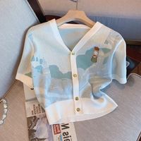 Magliette da donna tees estate 2022 sottile cardigan coreano da stampa di moda cappotto maglione causale a maniche corte a v-scollo da donna a maglia