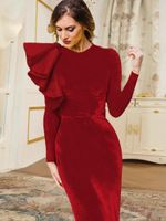 Casual Dresses Women Long Velvet Burgundy Bodycon Evening Christmas Party Outfits 2022 Fall Winter Sleeve Ruffles Slim Fit Gowns
