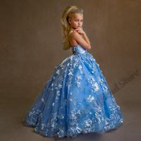 Girl's Dresses Light Blue 3D Flower Girl Baby Girls Couture Birthday Outfit Cross Back Wedding Party Costumes CustomisedGirl's