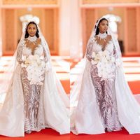 Abiti da sposa della sirena di lusso Sheer High Neck Manica Lunga Appliques floreale African Arabo Wed Abiti da sposa Plus Size