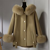 Pudi New Fashion Design Women Real Wool Cashmere Fox Fur Shawl Jacket Winter Coat Z21160
