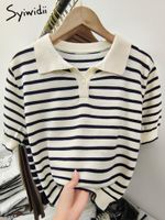 Women's T-Shirt Syiwidii Striped Woman Tshirts Y2k 2022 Summer Office Solid Casual Harajuku Clothing Causal Ladies Top Turn-down Collar Knit