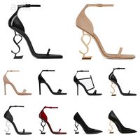 2022 Femmes Luxury Robes Chaussures Designer High Heels en cuir breveté Gol Tone triple noir Nuede Red Womens Lady Fashion Sandals Party