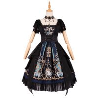 Tema kostümü gotik siyah lolita tek parça elbise kısa kollu baskılı dantel ve fırfırlar op