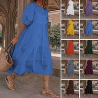 Lässige Kleider Boho-Kleidungskleid Vintage Sommer loser Cottagecore O-Neck Solid Sundress Midi Cotton Kurzarm Patchwork 2022 Mode Wo