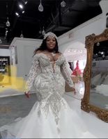 Plus Size Arabo Sirena Abiti da sposa 2022 Sparkly Manica Lunga Crystal Beaded Africano Aso EBI Ruffles Cattedrale treno all'aperto Seconda abito da sposa