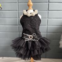 Handmade Dog Apparel Clothes Pet Dress Luxury Classic Black Lace Top Pearl Collar Tiered Skirt Tutu Celebrities Party Holiday Birthday
